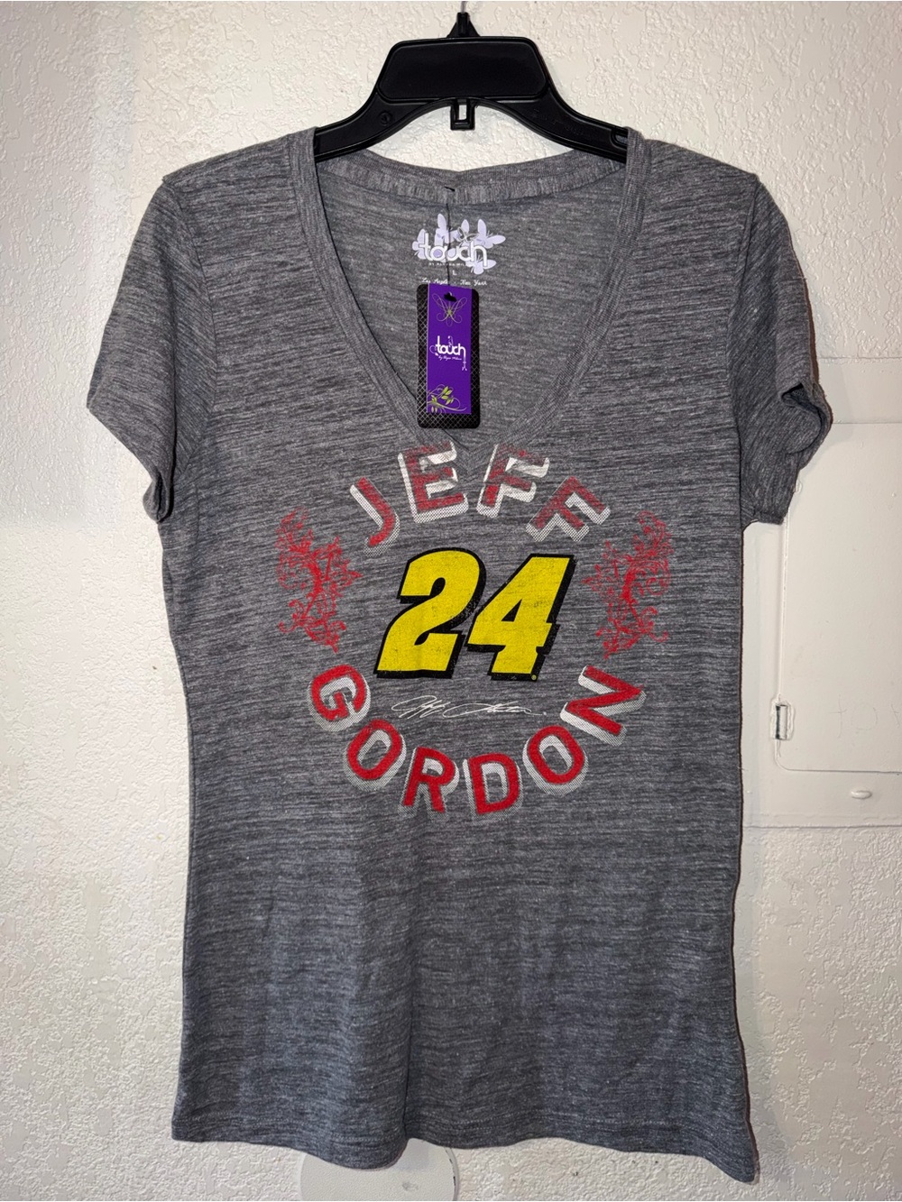 Jeff Gordon Women's Gray V-Neck Tee with Yellow 24 Graphic
